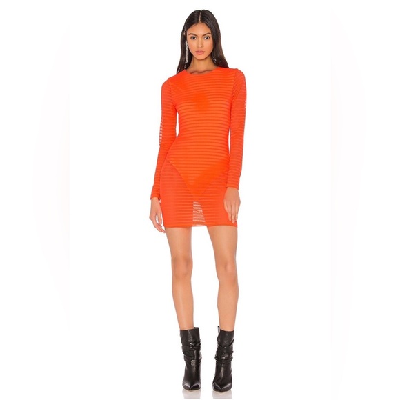 COPY - REVOLVE h:ours Size S Mini Dress Neon Orange Striped Bust Bodycon Sleeve… - Picture 1 of 11